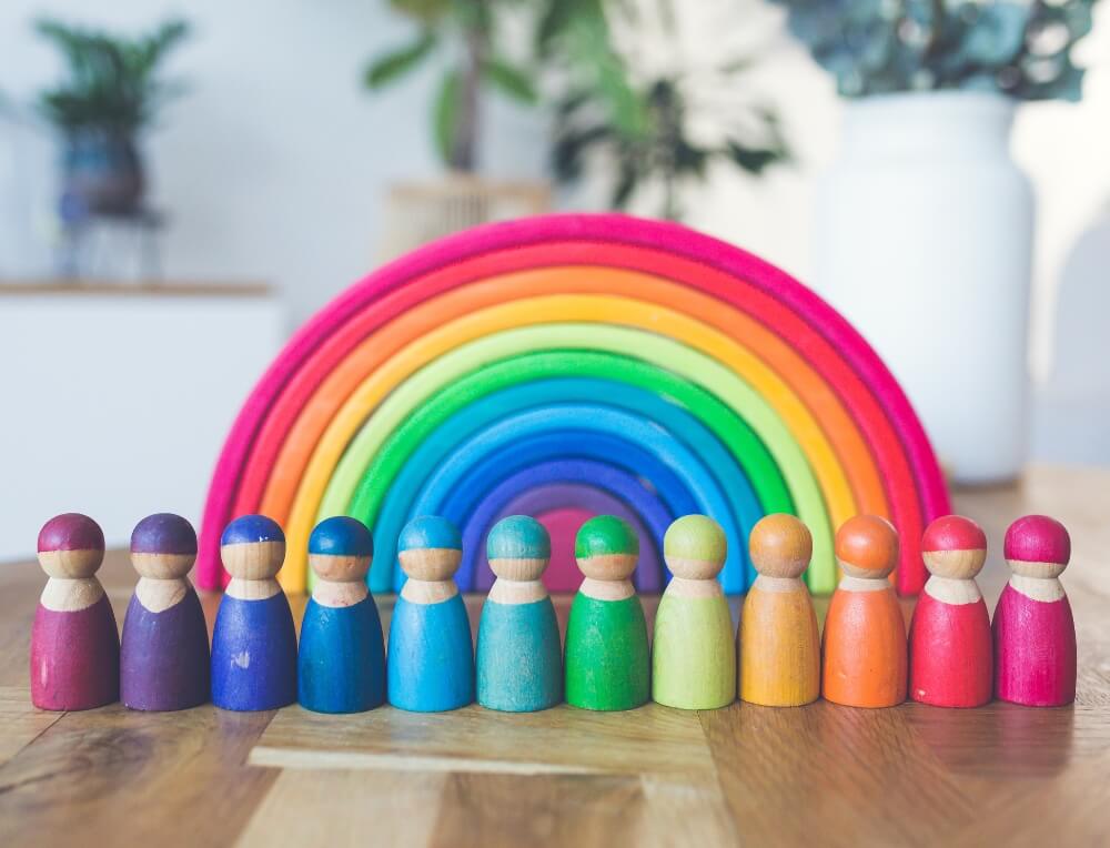 Grimm's Large Rainbow and Rainbow coloured Friends for open-ended stacking and sorting play, from Oskar's Wooden Ark in Australia