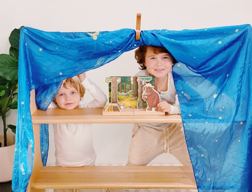 Gruffalo Bookish Puppet Play with Playstand, giant playsilk and Gruffalo Wooden Theatre from Oskar's Wooden Ark 