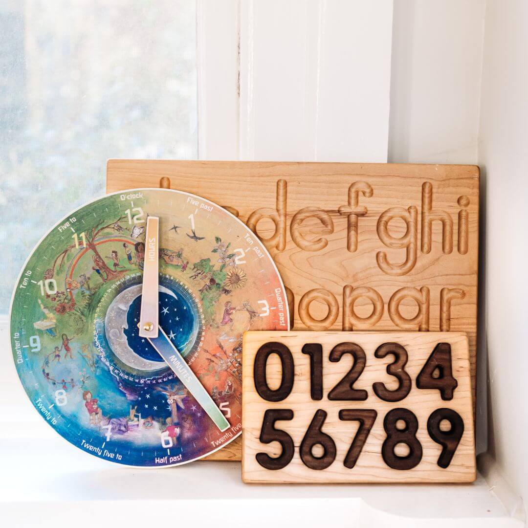 Teaching Clock, Number and Literacy practice boards, wooden blocks for classroom and learning, at Oskar's Wooden Ark in Australia