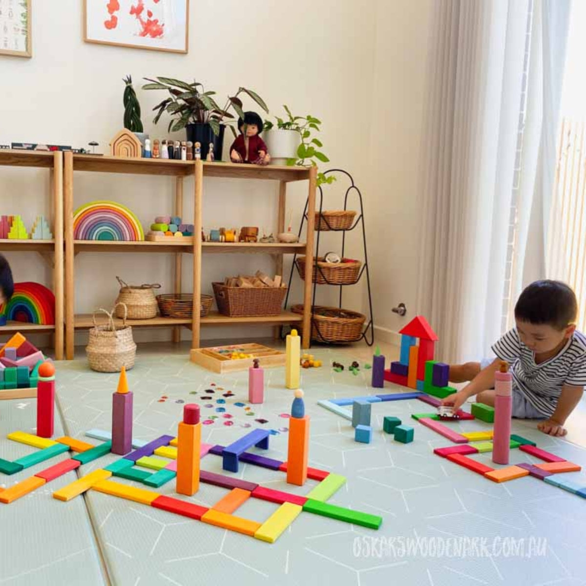 70423302 Gluckskafer Wooden Blocks - Rainbow Building slats in tray 64 pcs