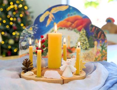 Celebrating Advent with Grimm's Celebration wheel, candles and traditional advent calendar at Oskar's Wooden Ark in Australia