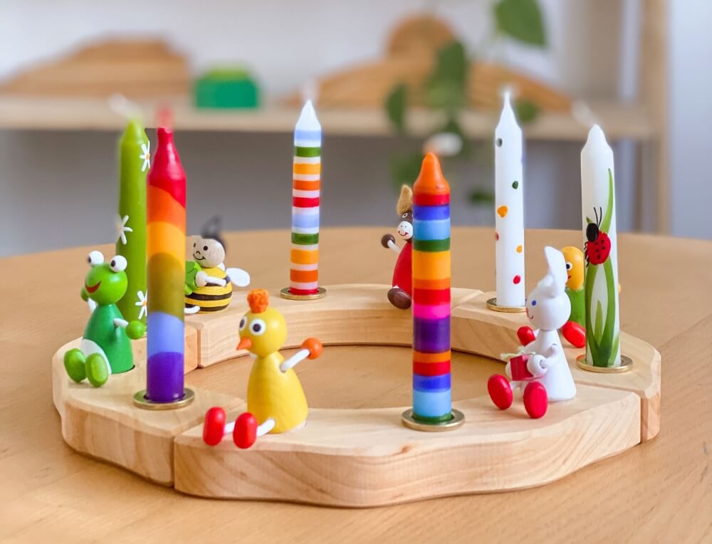 Gluckskafer Celebration Ring, wooden figures and colourful candles from Oskar's Wooden Ark in Australia