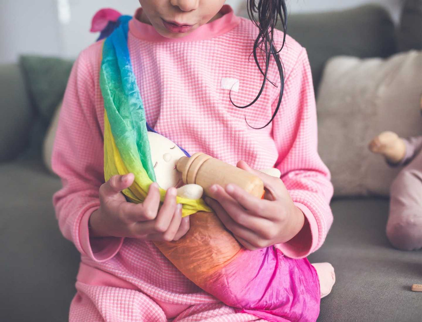 Imaginative role play with Olli Ella Dinkum Doll and Sarah's Silks Playsilk