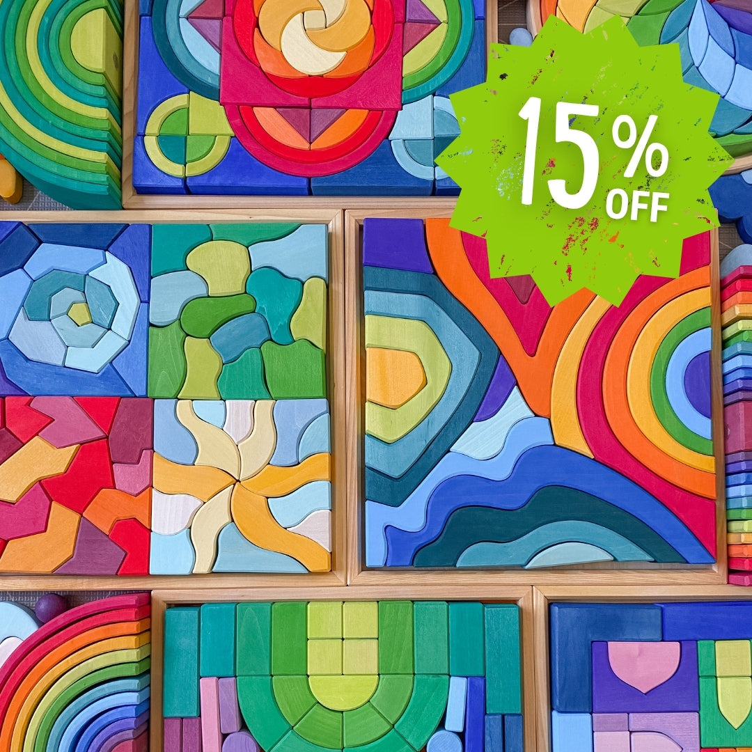 Colourful Grimm's wooden puzzles with a 15% off label.