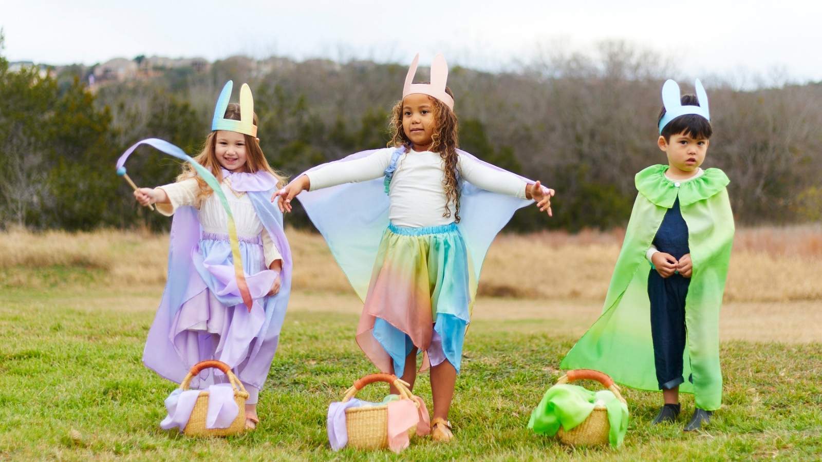 Children playing outdoors with Easter-themed activities.
