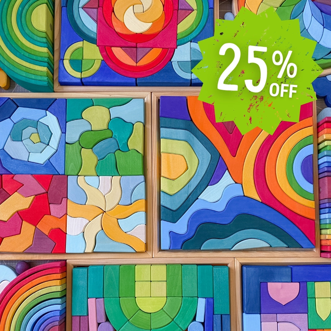 Colourful Grimm's wooden geometric wooden puzzle with a 25% off label.
