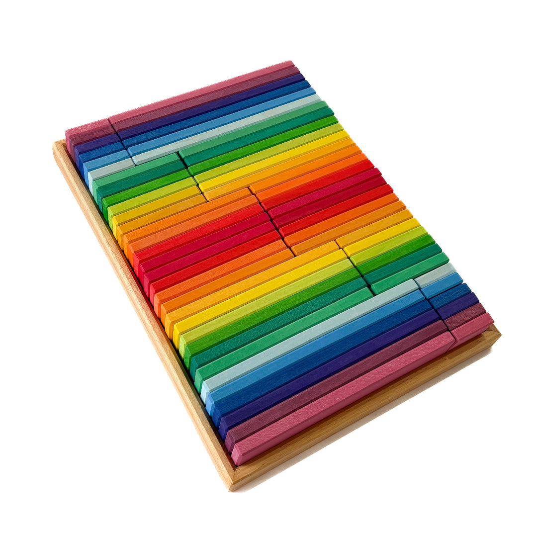 Gluckskafer Wooden Blocks - Rainbow Building slats in tray 64 pcs - Online, Australia