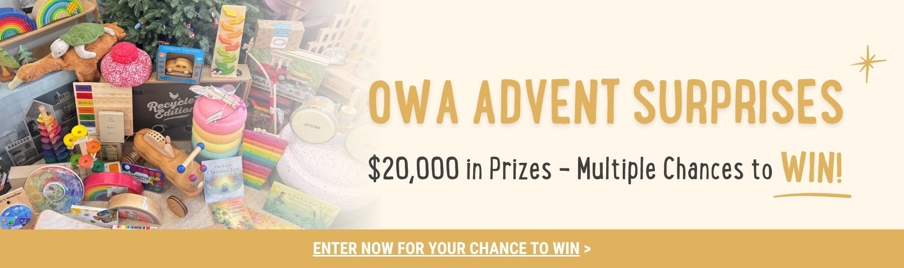 Promotional banner for OWA Advent Surprises with prizes and entry details.