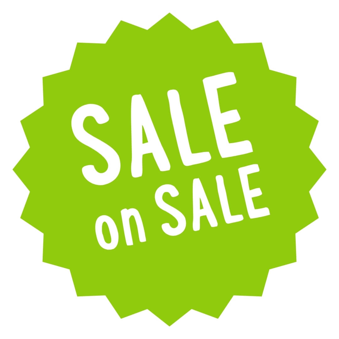 Green sale label with 'SALE on SALE' text on a white background