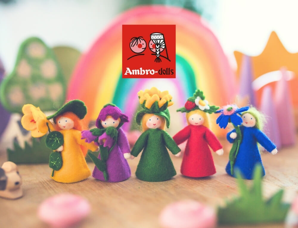 Ambrosius lifestyle image with logo, featuring five felt fairy dolls – Oskar's Wooden Ark