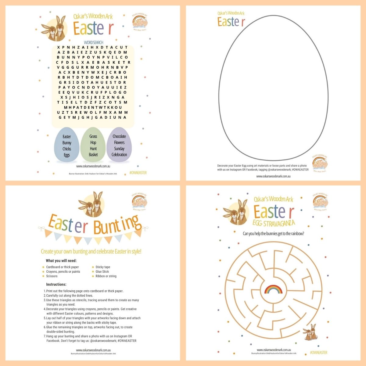 Four printable Easter activity sheets for screen-free fun.