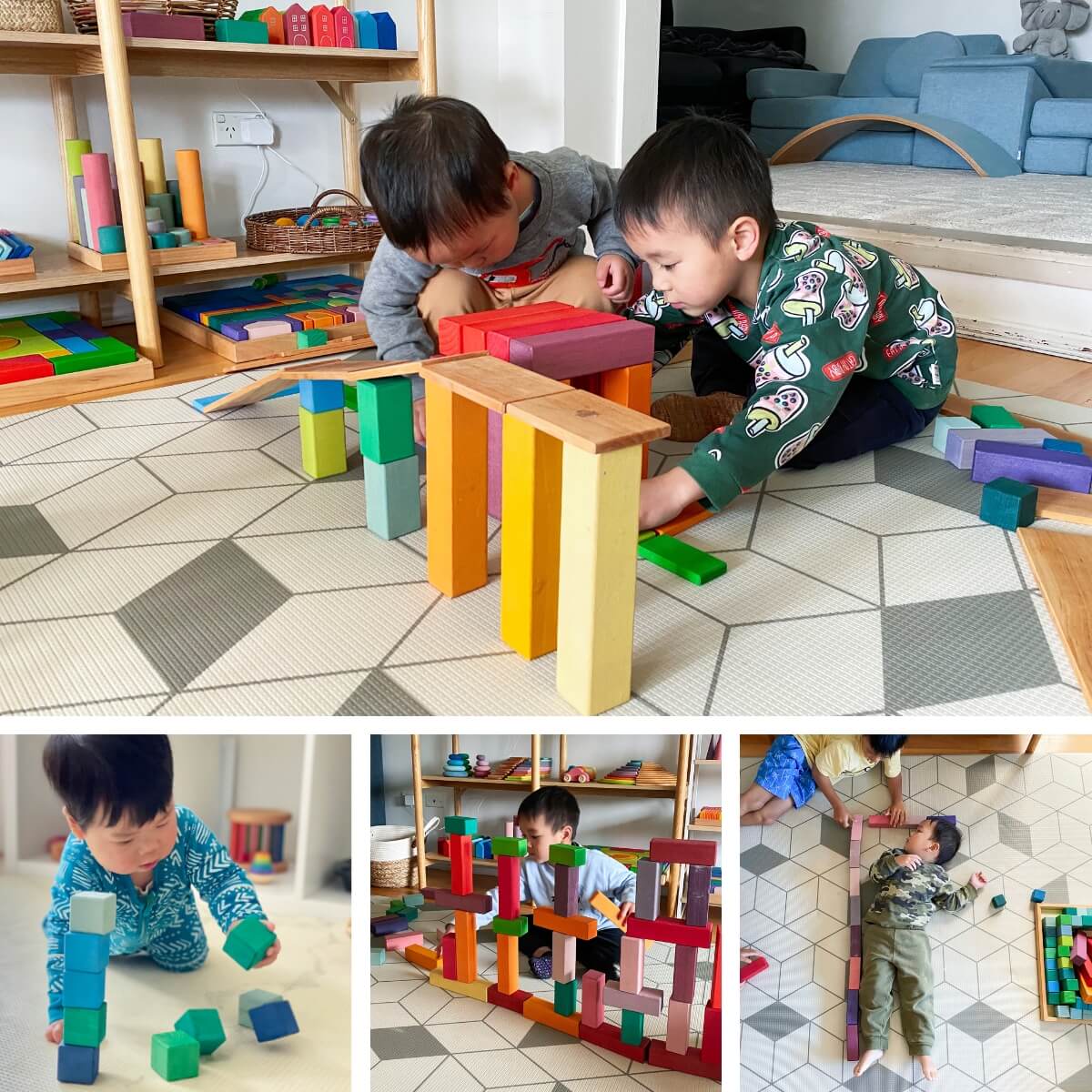 Children playing with colourful wooden building blocks from Oskar's Wooden Ark