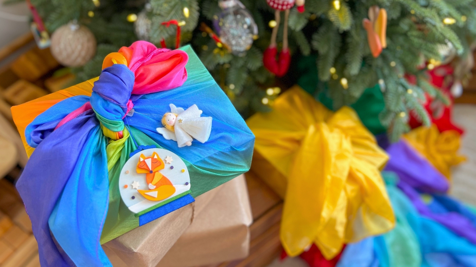 Eco Christmas gift wrapping with playsilks from Sarah's Silks at Oskar's Wooden Ark in Australia