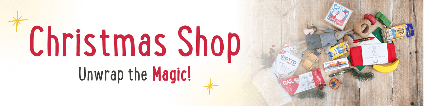 Promotional banner for Oskar's Wooden Ark Christmas shop with a stocking filled with a selection of eco toys and presents 