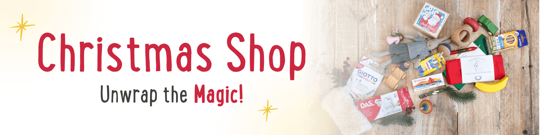 Promotional banner for Oskar's Wooden Ark Christmas shop with a stocking filled with a selection of eco toys and presents 