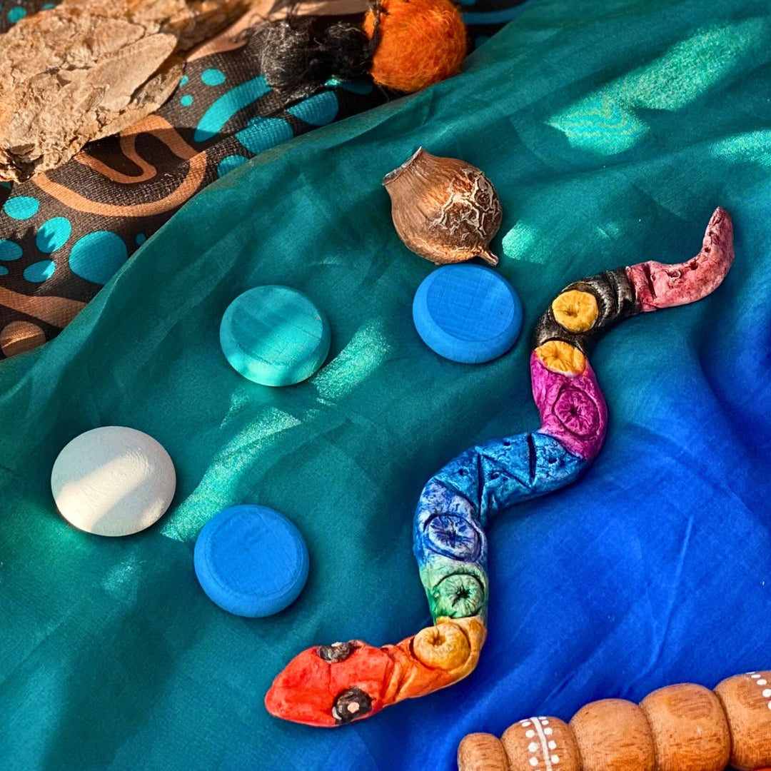 Completed handmade First Nations dreamtime rainbow serpent for small world imaginative play