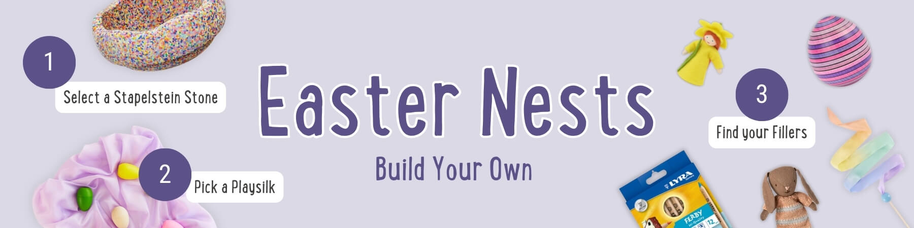 Promotional graphic for building Easter nests with step-by-step instructions and materials.