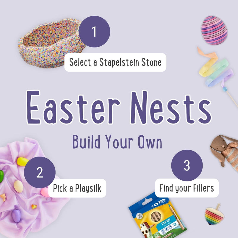Instructions for building Easter nests with Stapelstein stones and Playsilk on a light purple background.