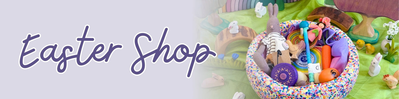 Colourful Easter basket with toys on a table, labeled 'Easter Shop' on a light purple background.