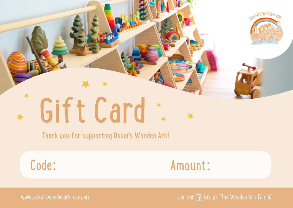 A gift card design for Oskar's Wooden Ark, featuring a warm beige and peach color scheme with a background photo of a children's toy shelf. The card includes fields for a code and amount, along with the brand logo in the top right corner.