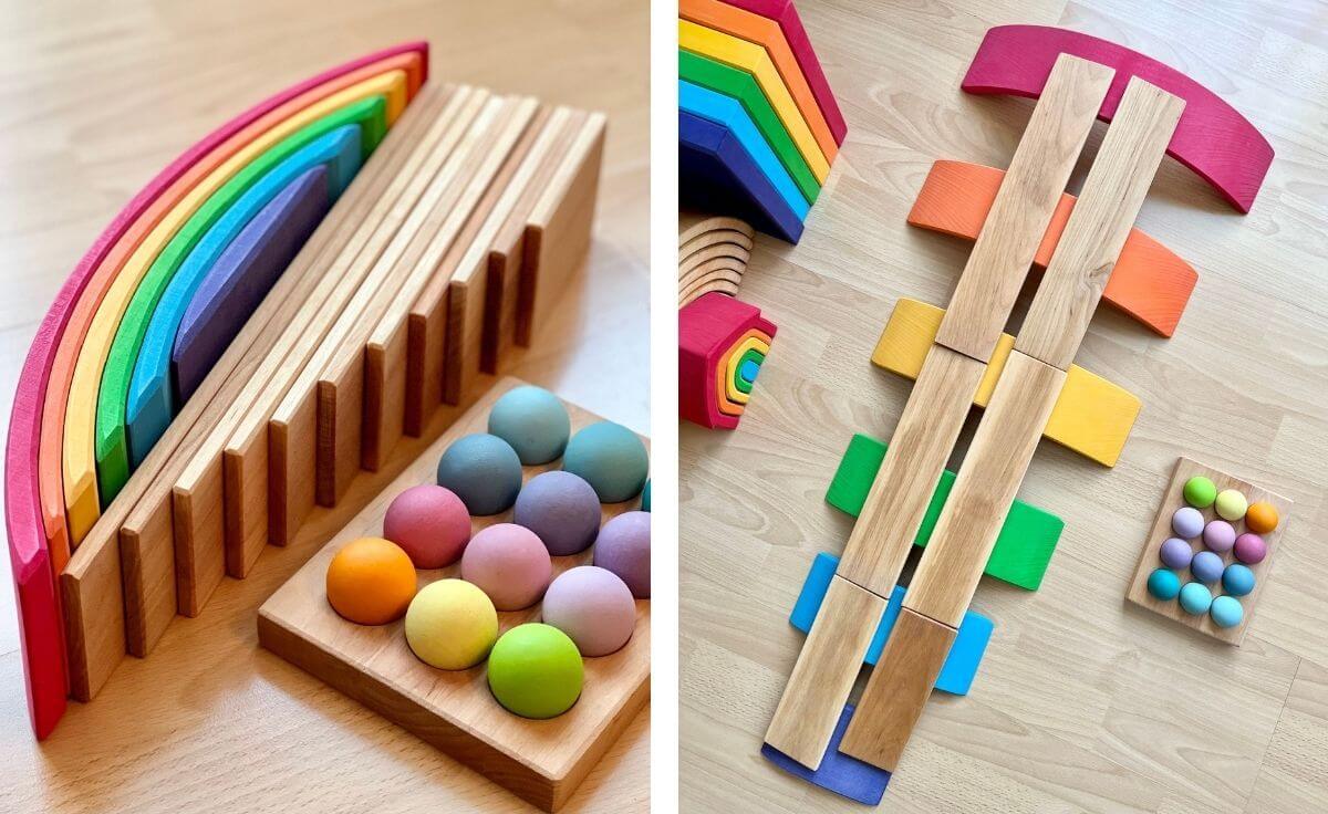 Ball run created with Grimm's Wooden Toys and building blocks at Oskar's Wooden Ark