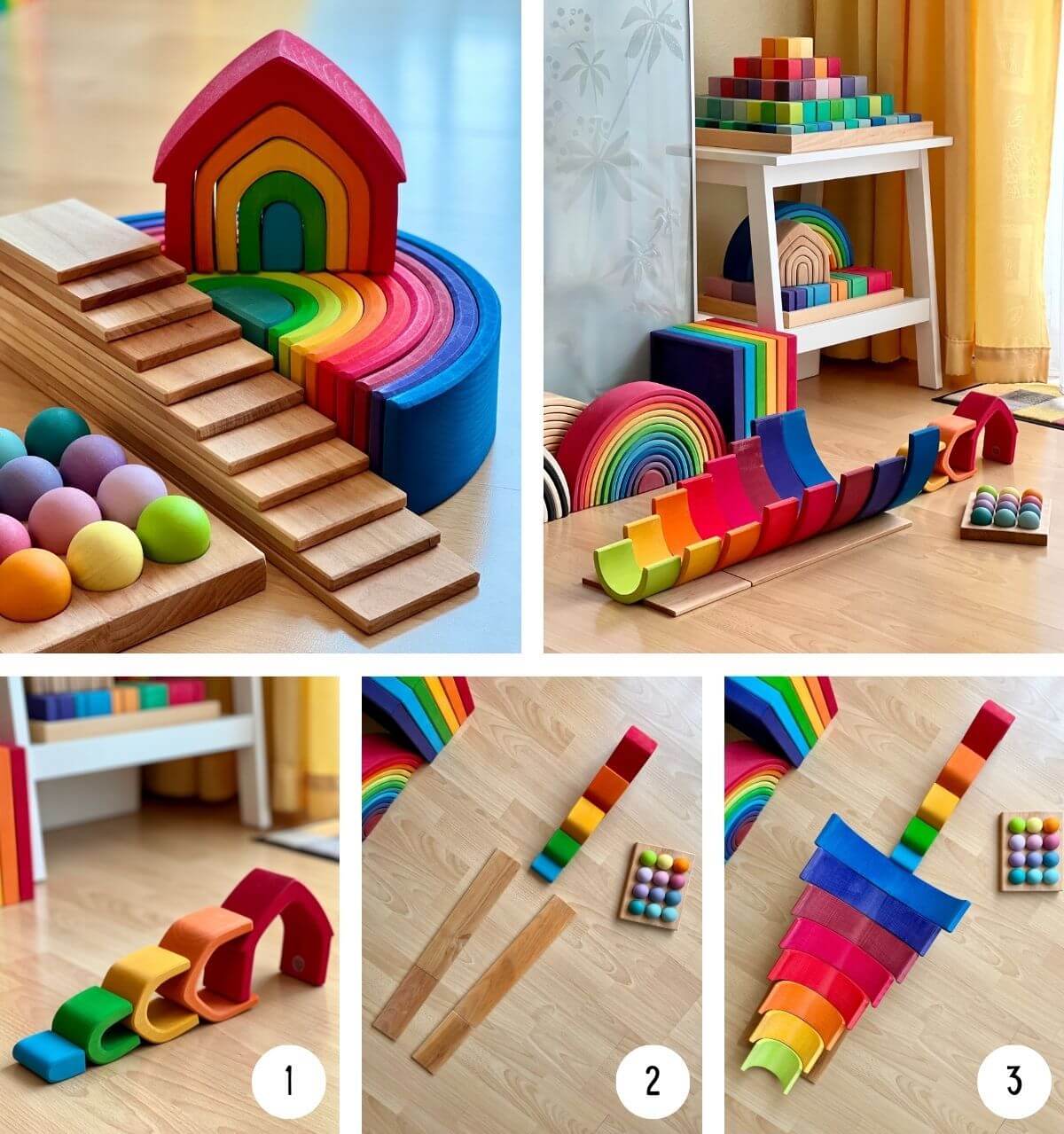 Ball run created with Grimm's Wooden Toys and building blocks at Oskar's Wooden Ark