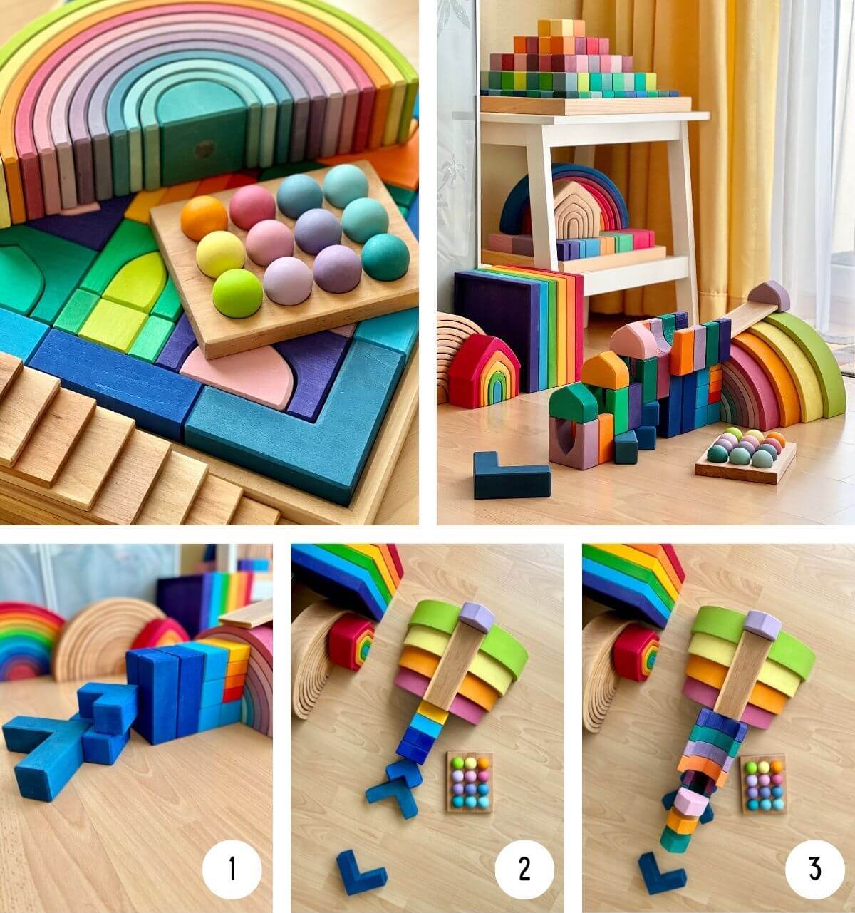 Ball run created with Grimm's Wooden Toys and building blocks at Oskar's Wooden Ark
