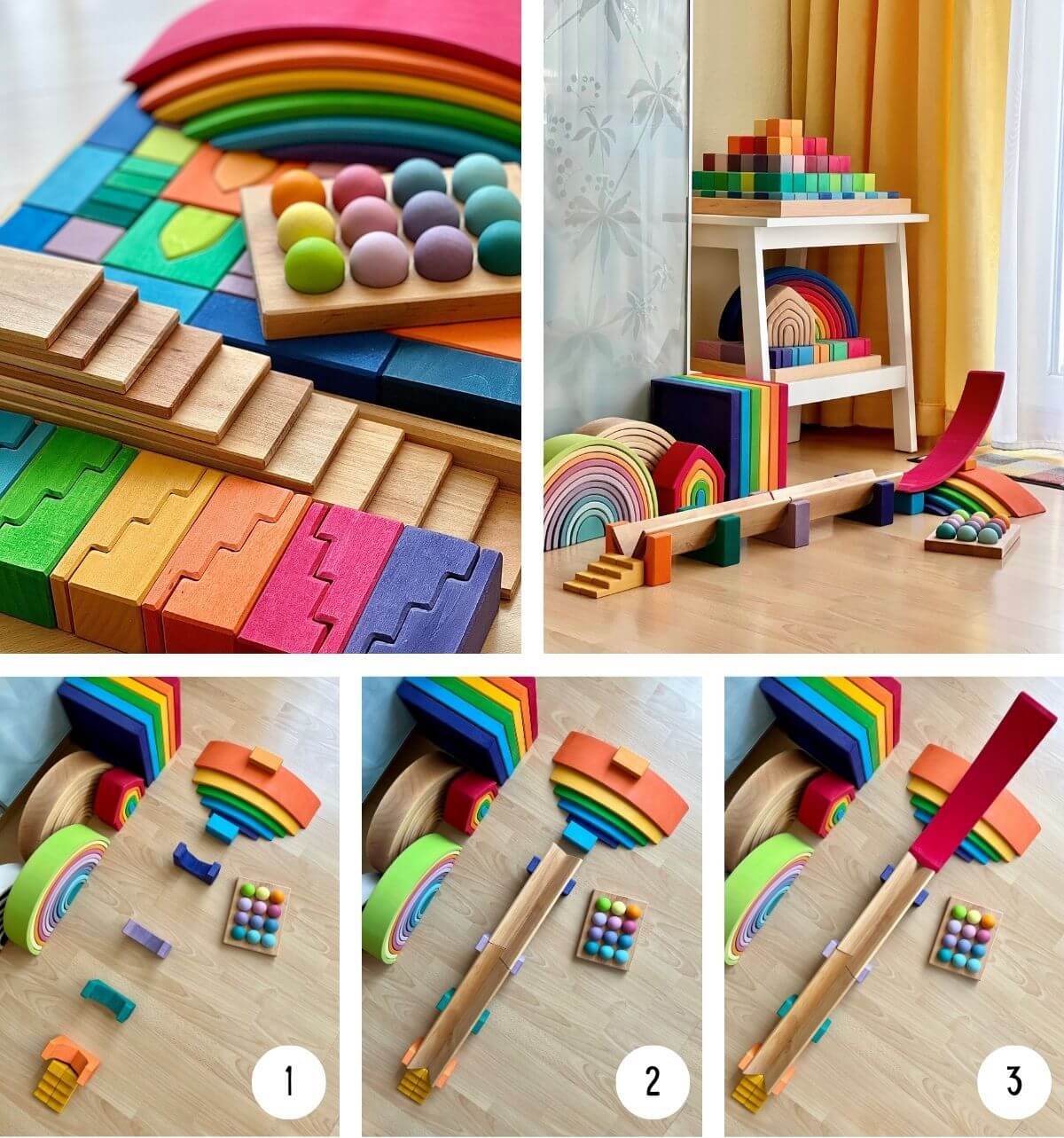 Ball run created with Grimm's Wooden Toys and building blocks at Oskar's Wooden Ark