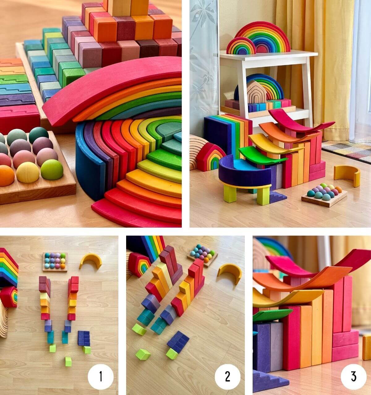 Ball run created with Grimm's Wooden Toys and building blocks at Oskar's Wooden Ark