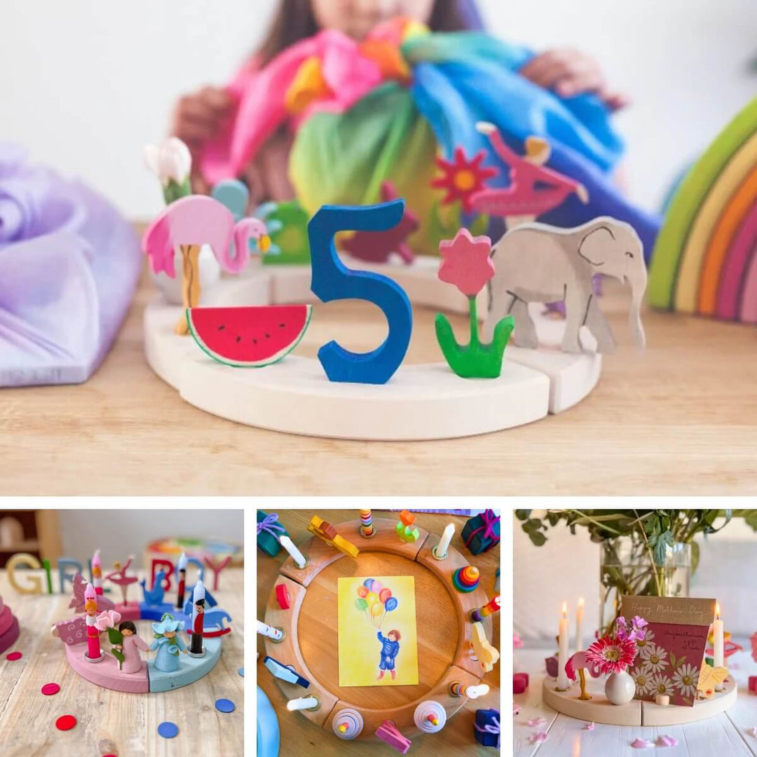 Grimm's celebration ring ideas with candles and figurines for celebrating children's Birthdays and other occasions
