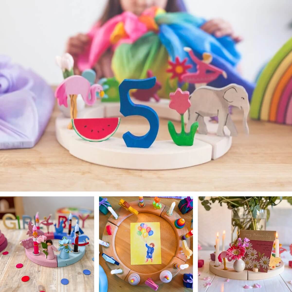Grimm's celebration ring ideas with candles and figurines for celebrating children's Birthdays and other occasions