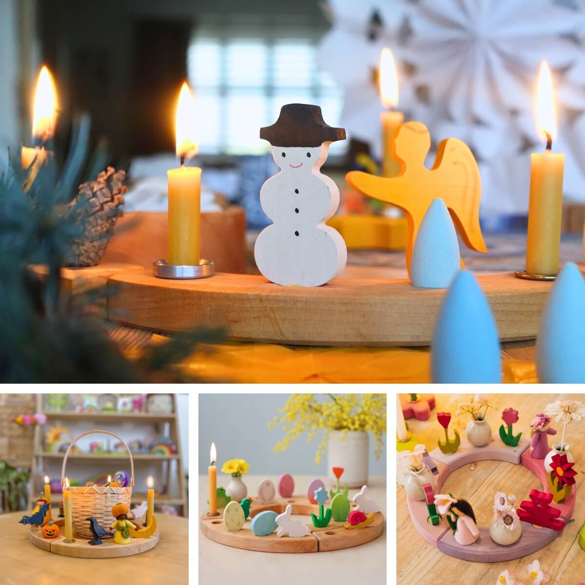 Grimm's holiday celebration ring ideas with candles and figurines for celebrating Christmas, Halloween, Easter and Valentine's Day
