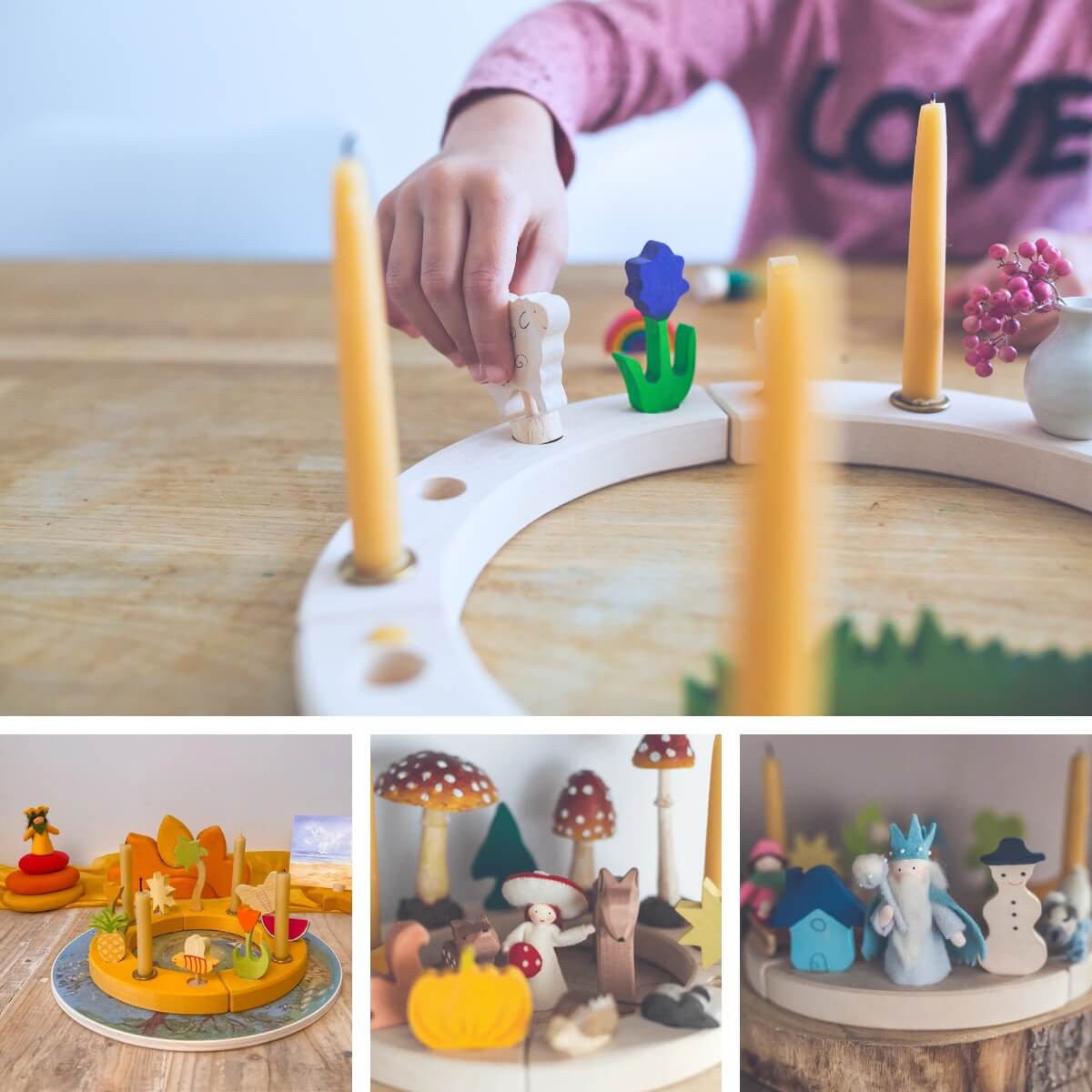 Seasonal Grimm's celebration ring ideas with candles and figurines for marking Spring, Summer, Autumn and Winter