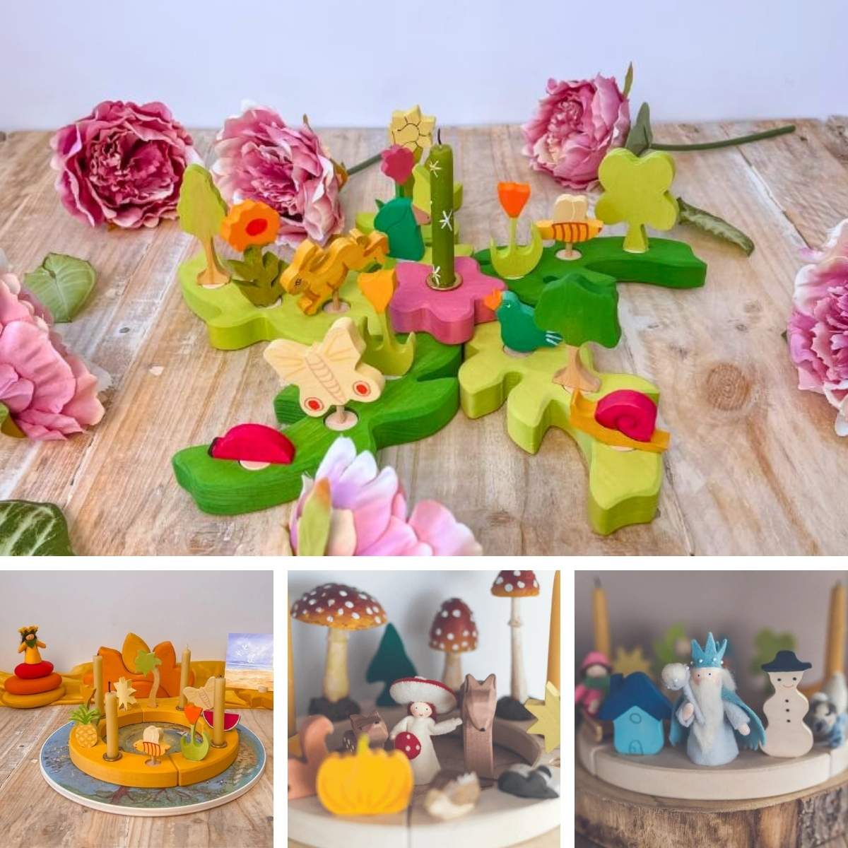 Seasonal Grimm's celebration ring ideas with candles and figurines for marking Spring, Summer, Autumn and Winter