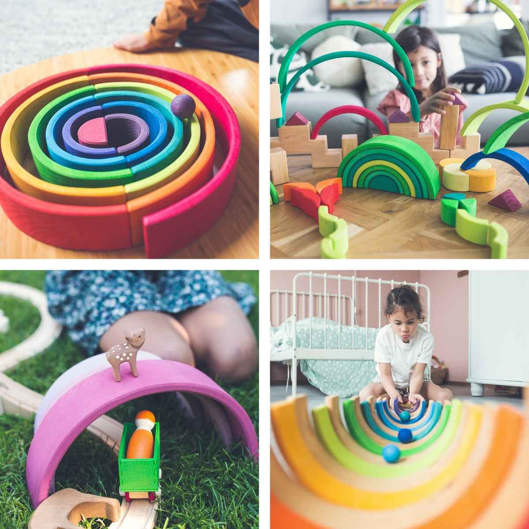 Image grid showing four ways to build with a Grimm's rainbow, including a ball maze, free construction with wooden blocks, tunnels for a wooden train set and a long ball run or bowling alley.