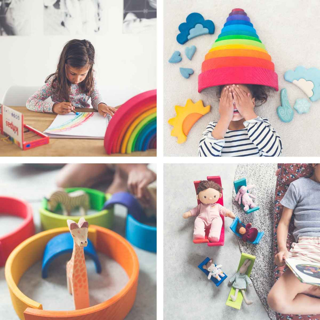 Image grid showing four ways to learn and imagine with a Grimm's rainbow, including colour recognition, weather exploration, a fun hat, small world scenes and rocking cradles for dolls.