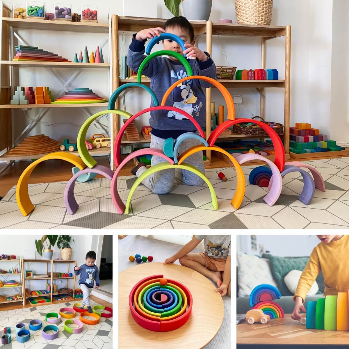 Children playing with a Grimm's rainbow from Oskar's Wooden Ark