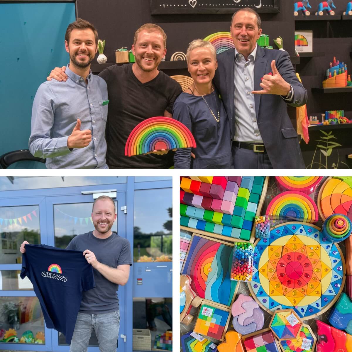 A three-panel collage: the top panel shows Simon with the Grimm's Wooden Toys team, holding a Grimm's rainbow; the bottom-left panel showsSimon holding up a navy T-shirt with the 'GRIMM'S' logo; the bottom-right panel shows a close-up of colourful Grimm's wooden toys.