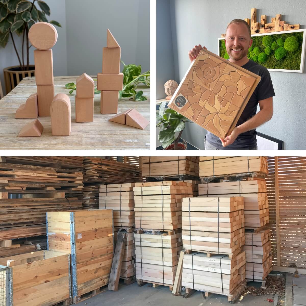 A three-panel collage showcasing natural wood building blocks. The top-left panel shows geometric wooden blocks arranged on a table with green plants in the background.