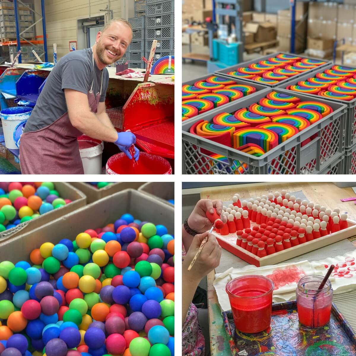 A four-panel collage showing the colourful production of Grimm's wooden toys. The top-left panel shows a smiling Simon wearing an apron and blue gloves mixing red paint dye.