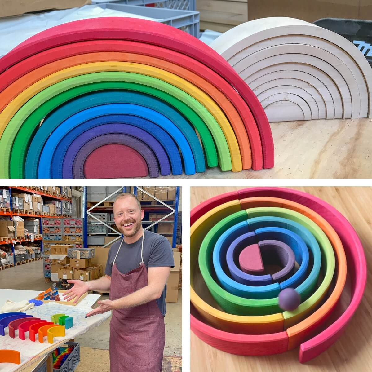 A collage showing a Grimm's wooden rainbow toy: a large assembled rainbow arch, raw wood pieces, a close-up of the inner spiral with a small purple ball, and Simon standing in the Grimm's workshop next to painted rainbow arches.