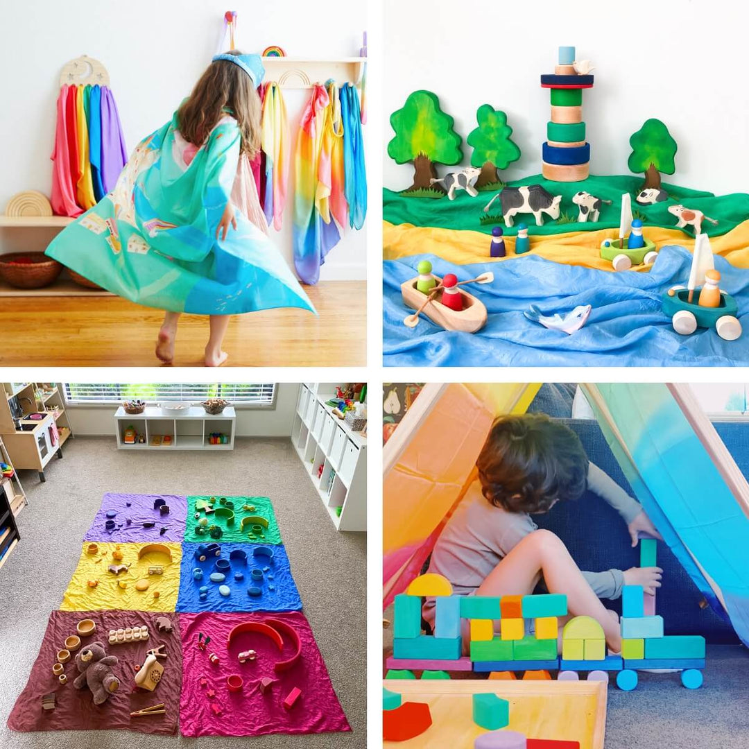 Playsilk activities indoors: a girl twirling in a silk cape, a small world river scene with wooden boats and animals, a colour hunt on six playsilks, and a child building inside a silk cubby.