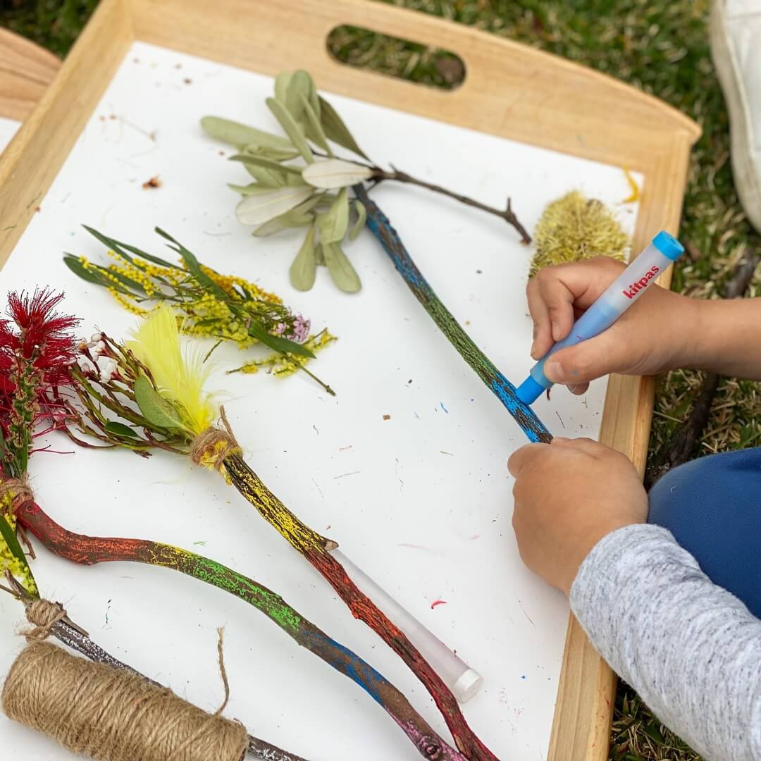 Nature Wands decorated using Kitpas Crayons from Oskar's Wooden Ark in Australia