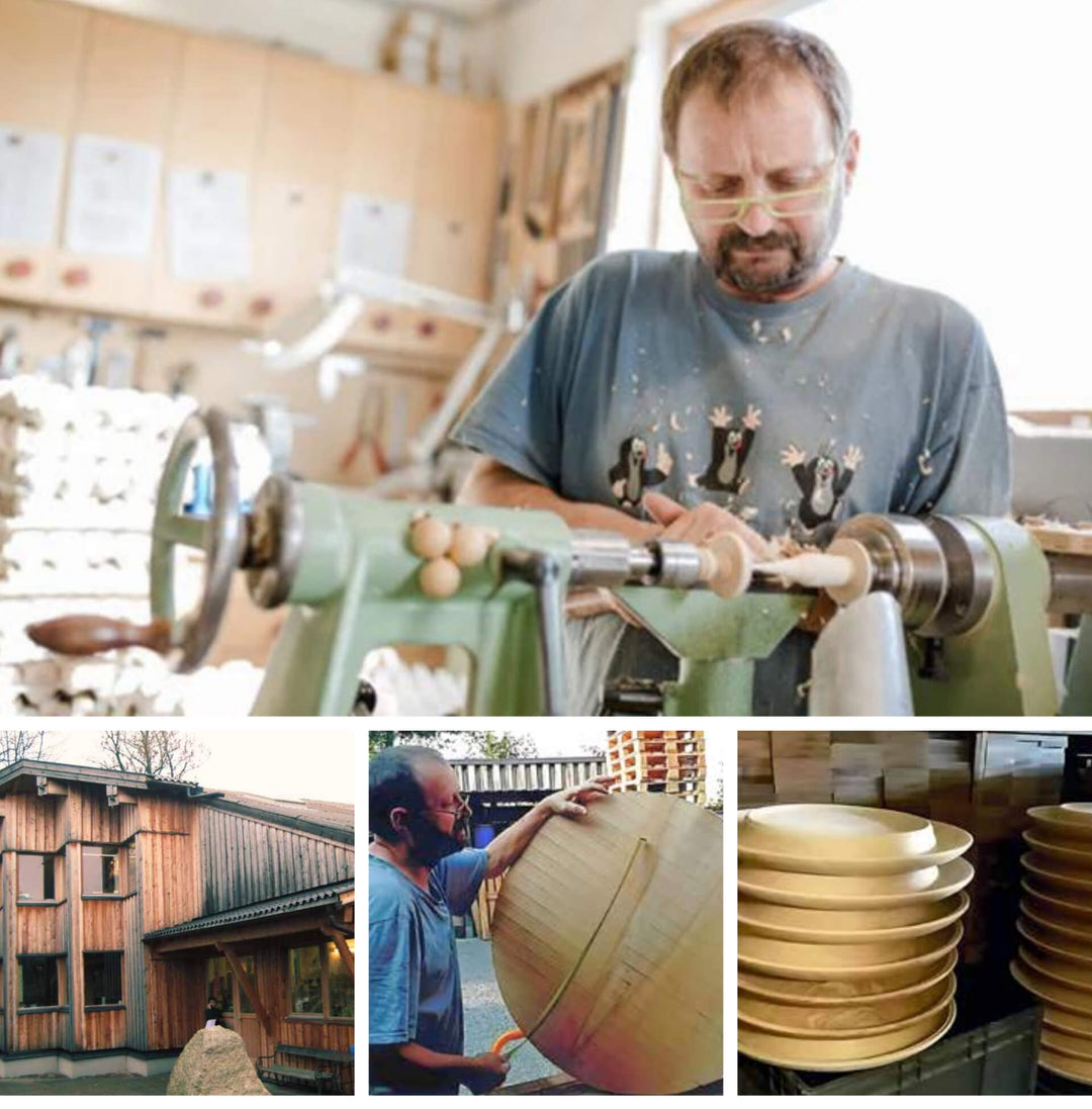 A collage showing Klaus Mader operating a lathe machine in the Mader workshop, with smaller inset photos of the workshop exterior, Klaus handling a large wooden piece, and stacks of finished wooden rondells.