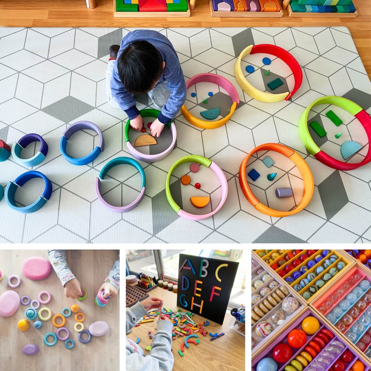 Children playing with colourful loose parts and wooden toys from Oskar's Wooden Ark