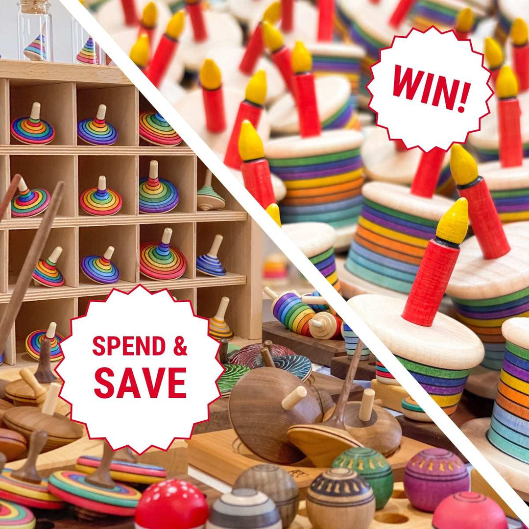 Oskar's Wooden Ark Mader spinning tops promotion