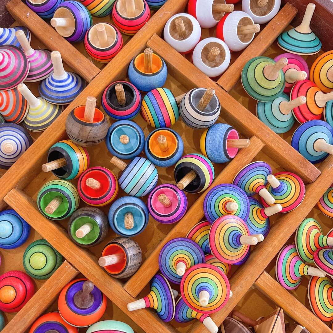 Collectable Mader spinning tops available in many different colour combinations, shapes and sizes from Oskar's Wooden Ark in Australia