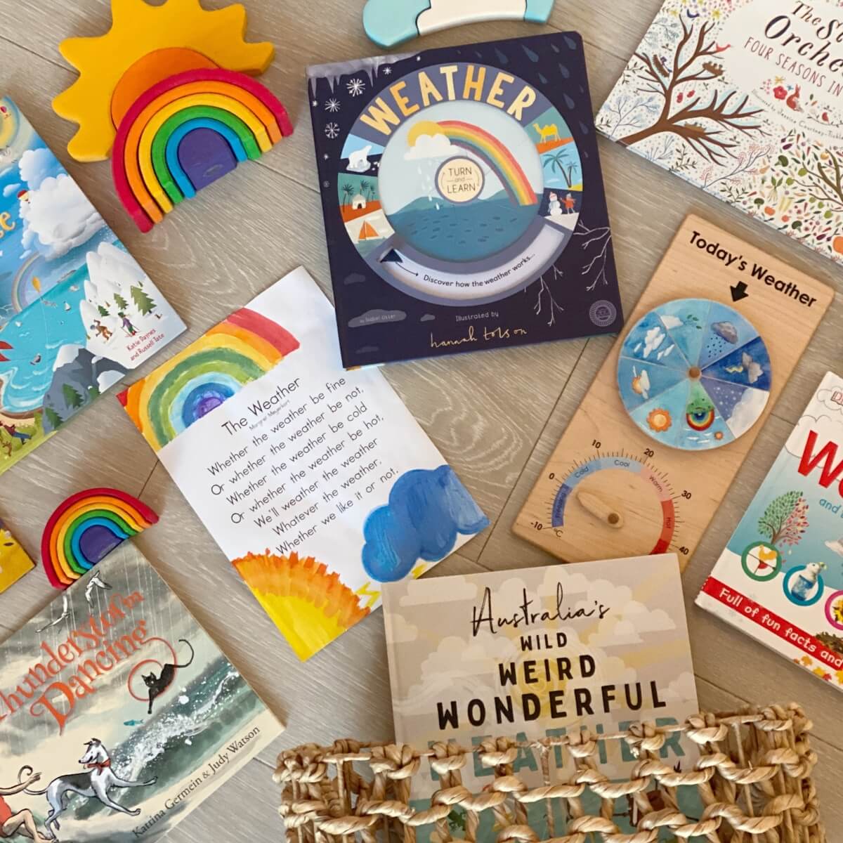 A basket of preschool books and resources for morning circle time - Oskar's Wooden Ark