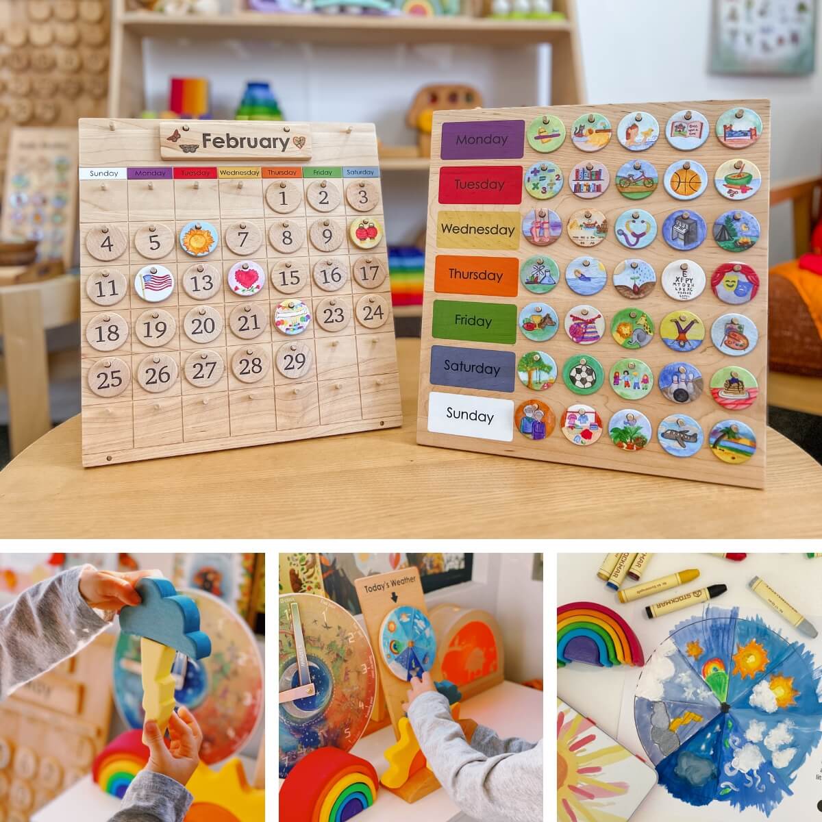 Wooden and handcrafted perpetual calendars and weather charts for morning circle time - Oskar's Wooden Ark