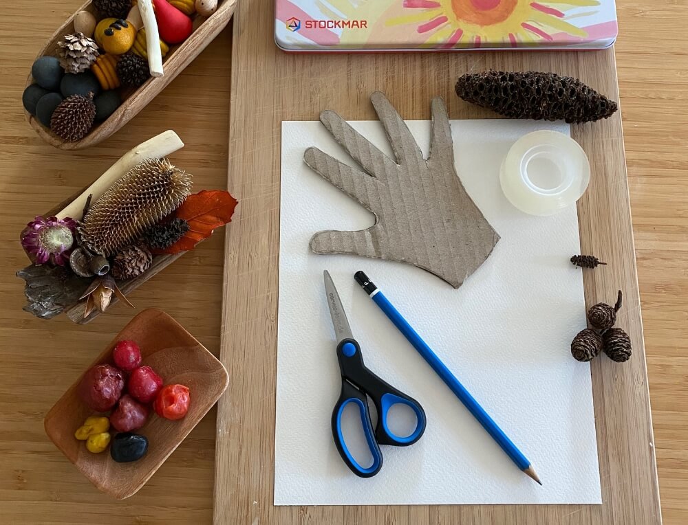 Art supplies for First Nations nature craft — beeswax, watercolours, natural loose parts